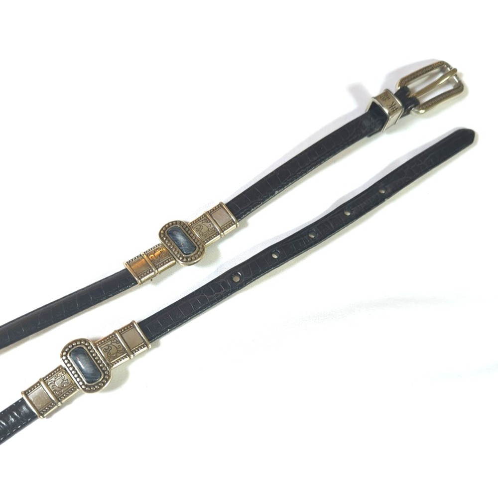 Vtg 80's BRIGHTON Blk Belt Women M/L 32 Skinny Hinged Silver Tone Metal Stones